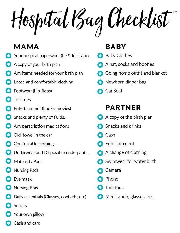 Hospital bag checklist for the first trimester.
